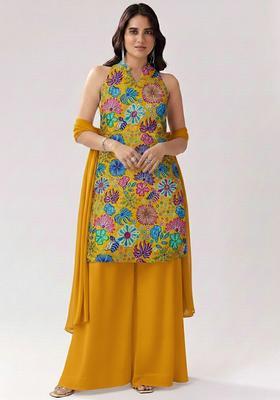 Mustard Printed Chinon Sharara Set