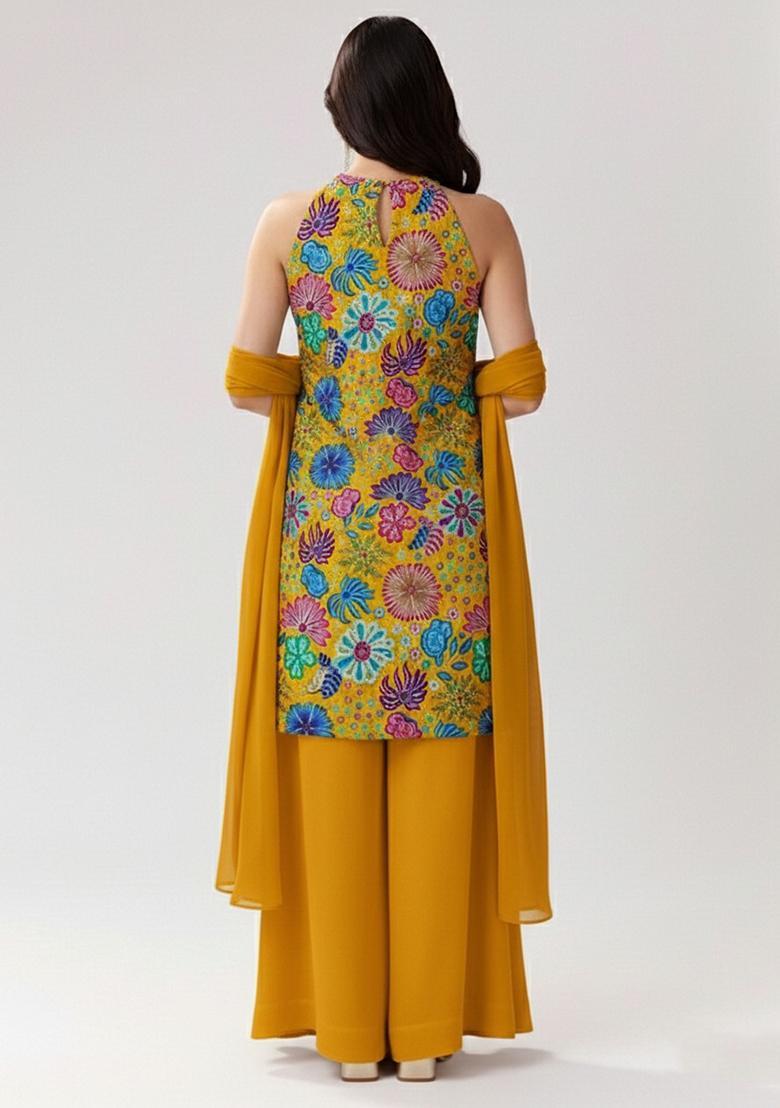 Mustard Printed Chinon Sharara Set - Indya