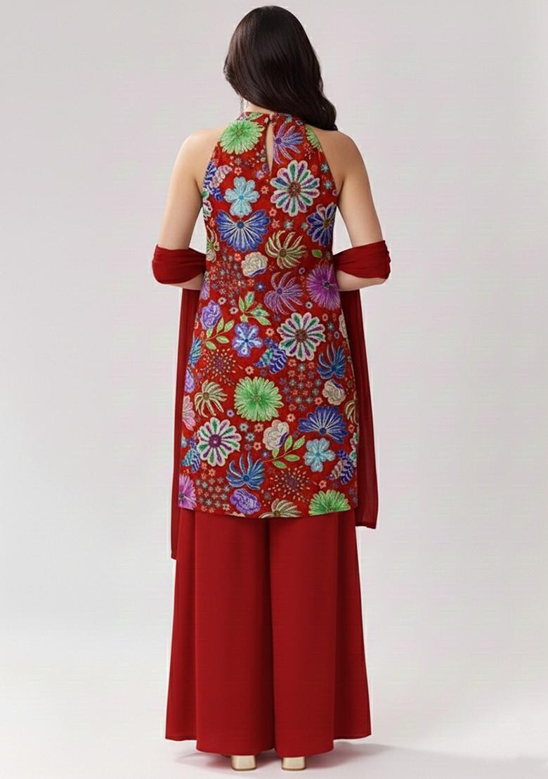 Red Printed Chinon Sharara Set - Indya