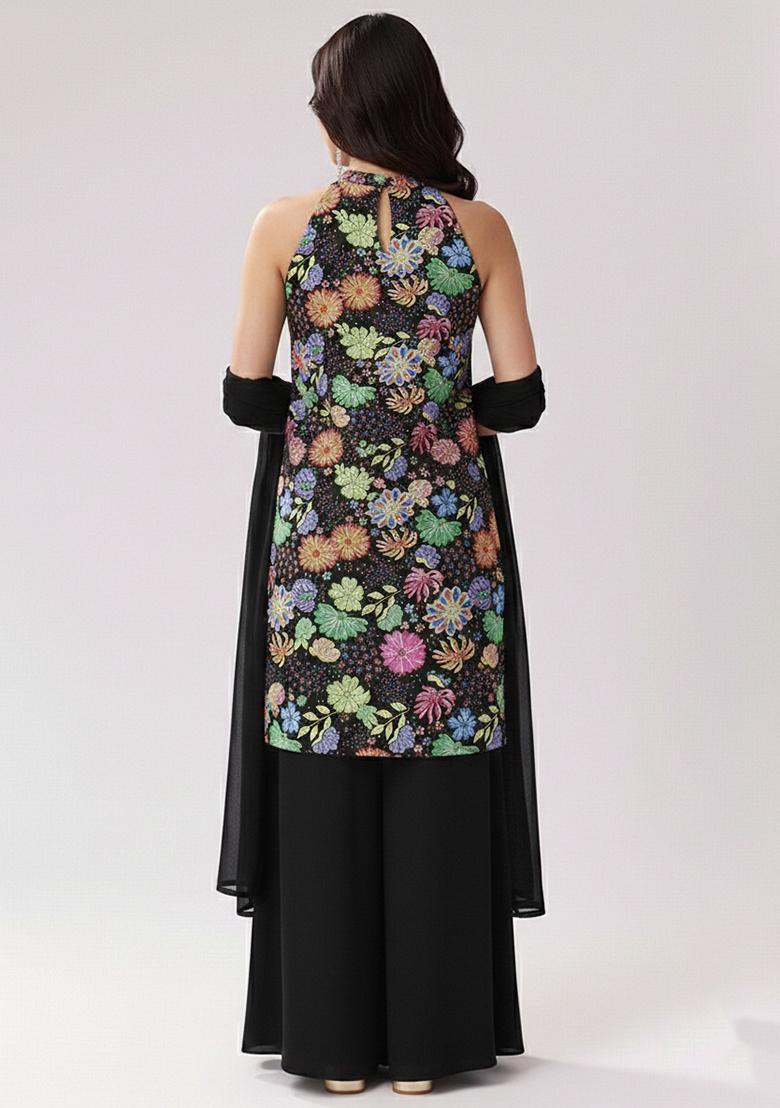 Black Printed Chinon Sharara Set - Indya
