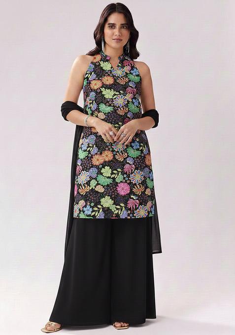 Black Printed Chinon Sharara Set
