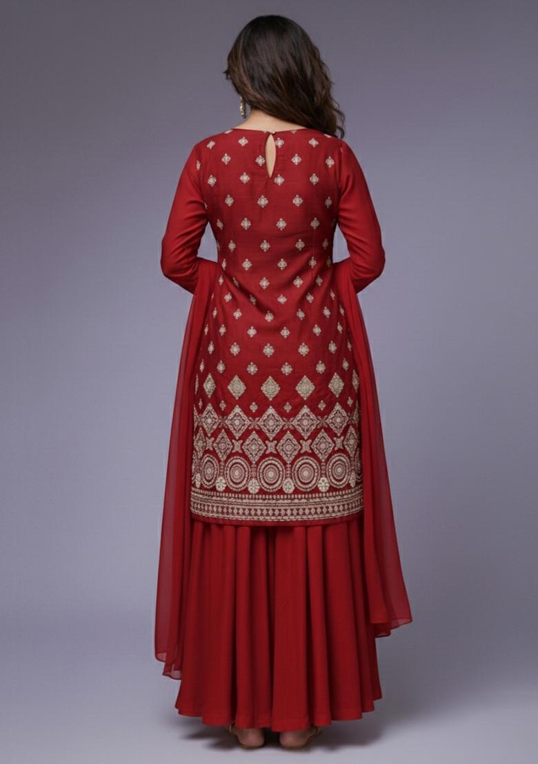 Crimson Red Embroidered Georgette Sharara Set - Indya