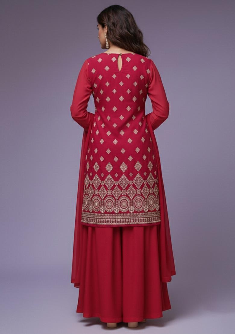 Rani Pink Embroidered Georgette Sharara Set - Indya