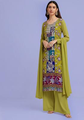 Olive Green Embroidered Crepe Kurta Set