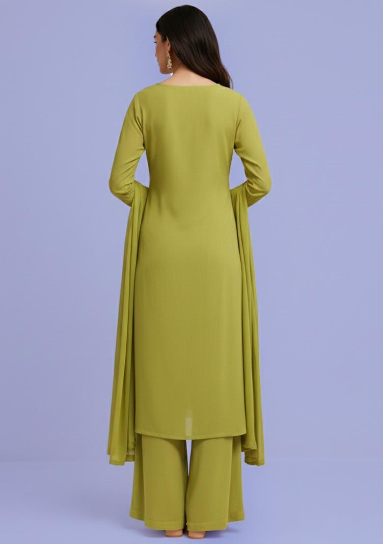 Olive Green Embroidered Crepe Kurta Set - Indya