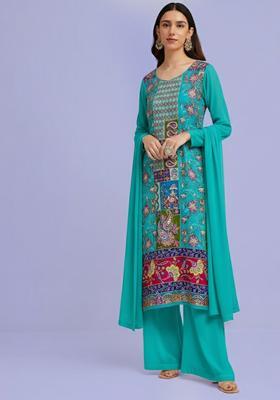 Turquoise Blue Embroidered Crepe Kurta Set