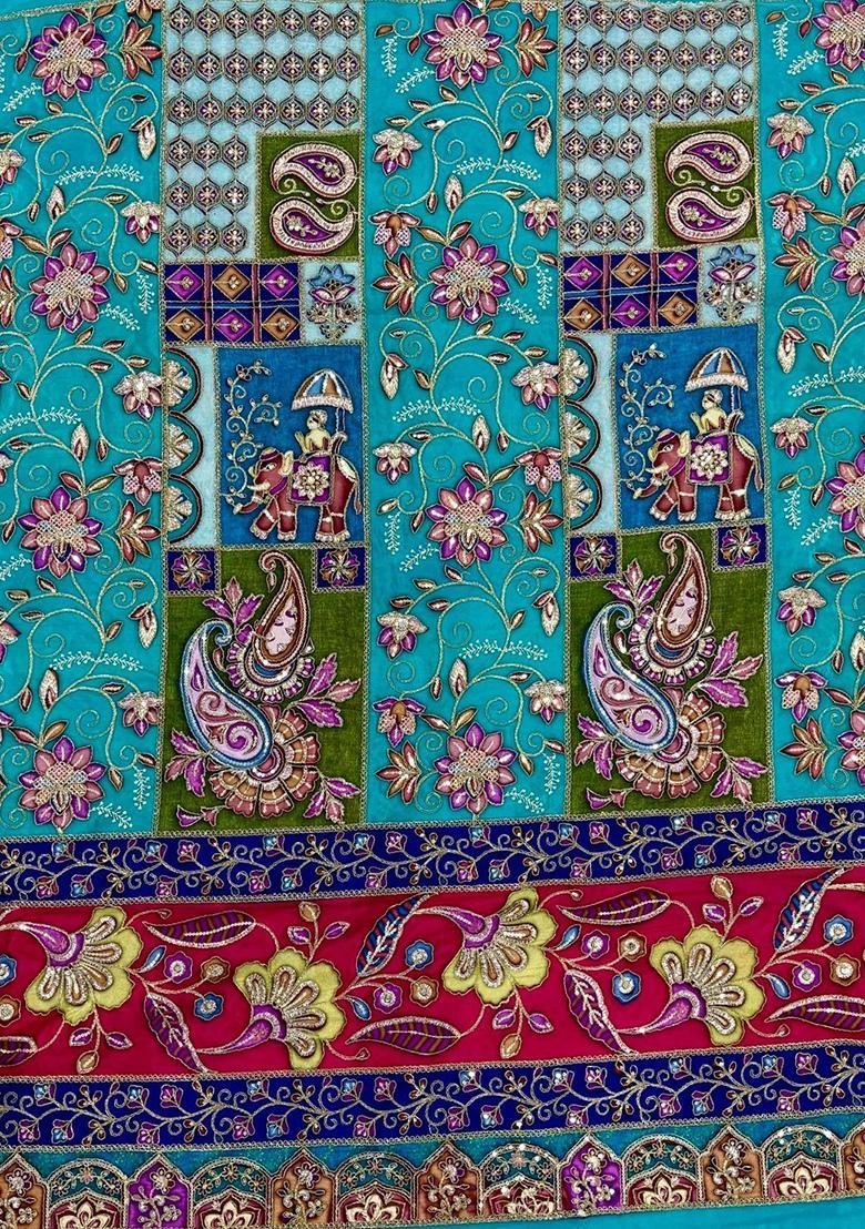 Turquoise Blue Embroidered Crepe Kurta Set - Indya