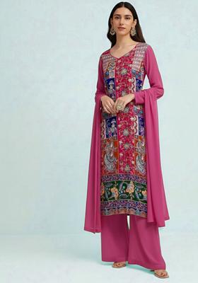 Rani Pink Embroidered Crepe Kurta Set