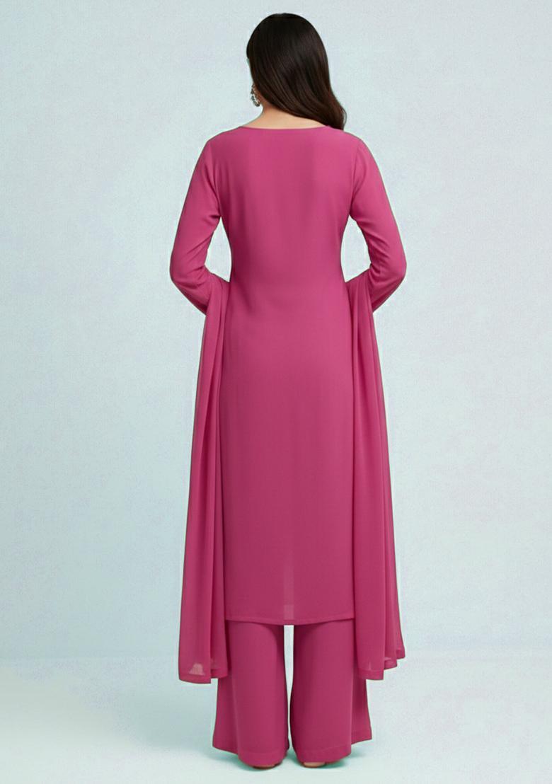 Rani Pink Embroidered Crepe Kurta Set - Indya