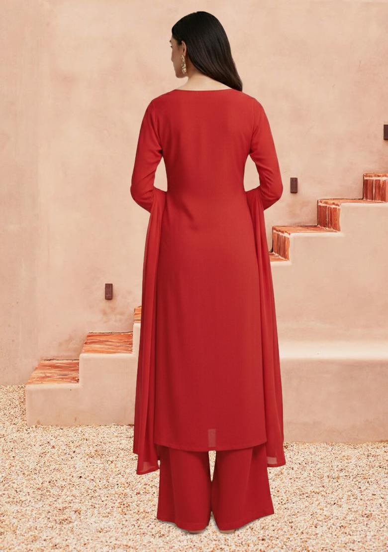 Red Embroidered Crepe Kurta Set - Indya