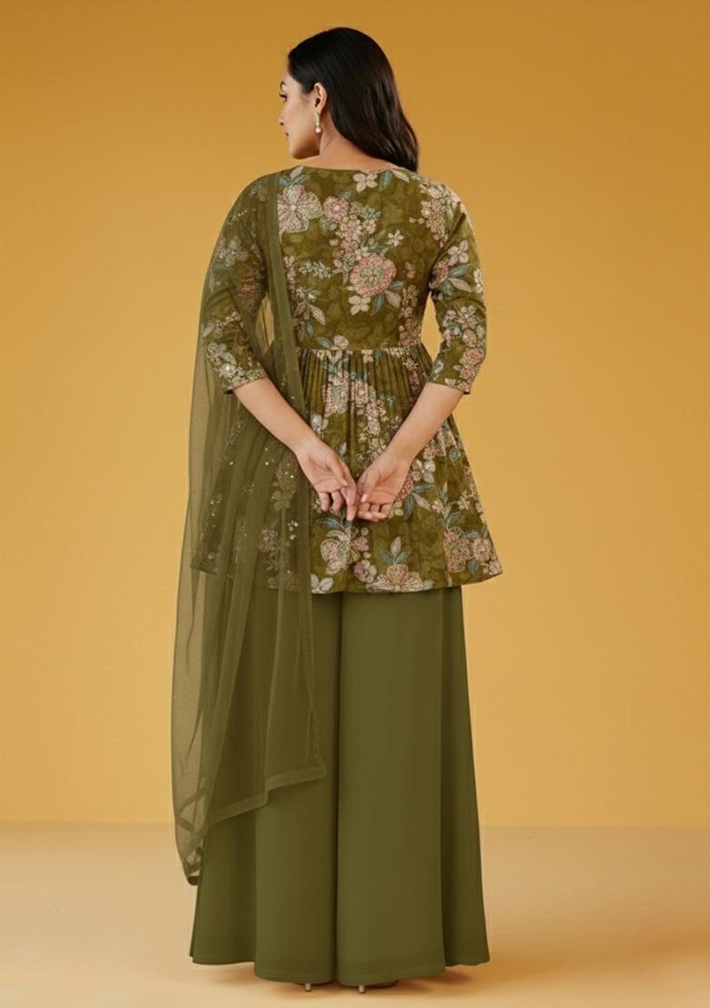 Olive Green Printed Crepe Sharara Set - Indya