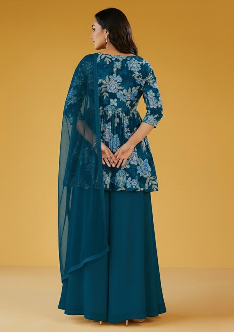 Royal Blue Printed Crepe Sharara Set - Indya
