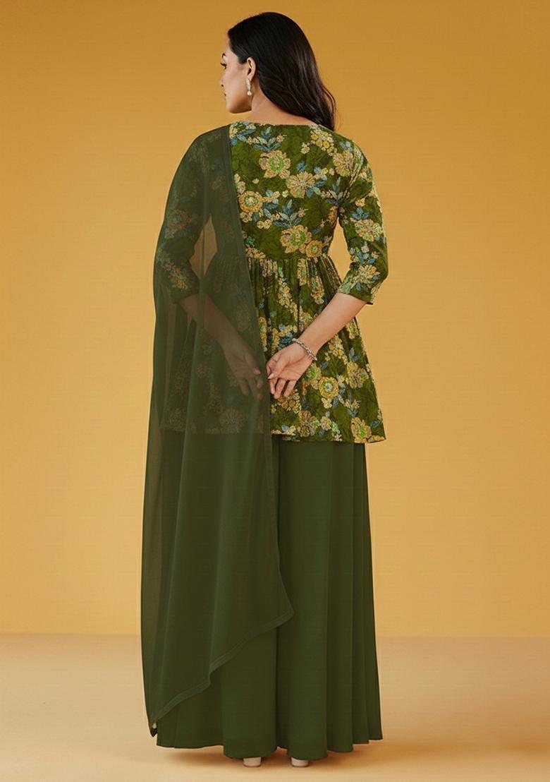 Olive Green Printed Crepe Sharara Set - Indya