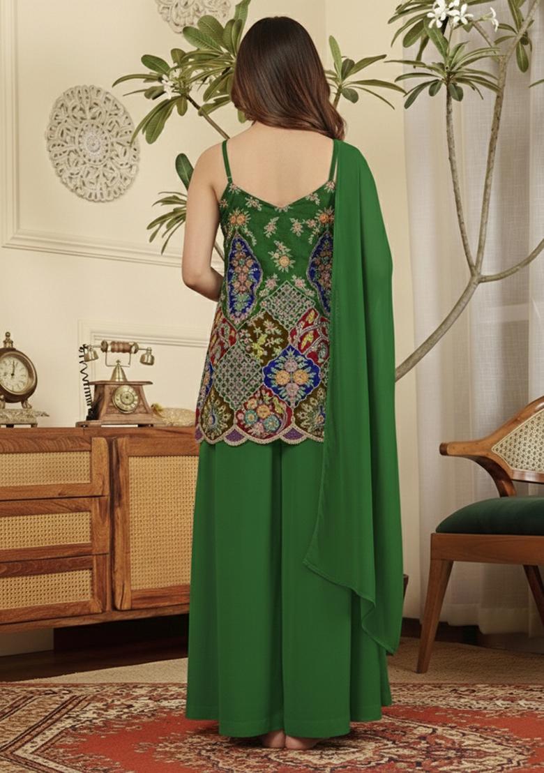 Emerald Green Embroidered Crepe Sharara Set - Indya