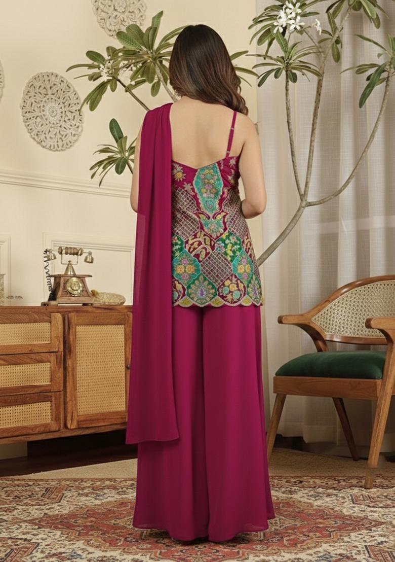 Hot Pink Embroidered Crepe Sharara Set - Indya