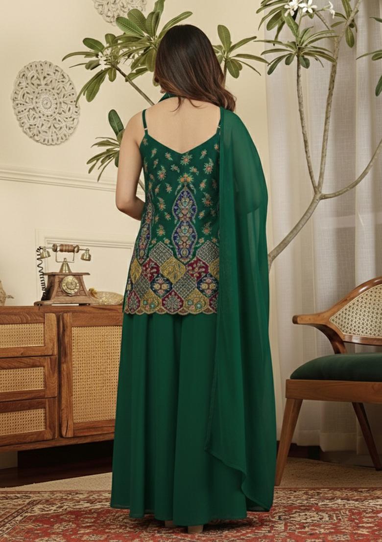 Bottle Green Embroidered Crepe Sharara Set - Indya
