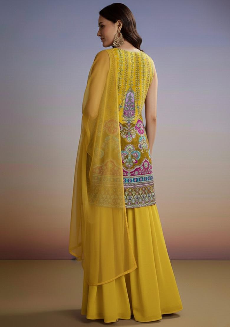 Yellow Embroidered Crepe Sharara Set - Indya