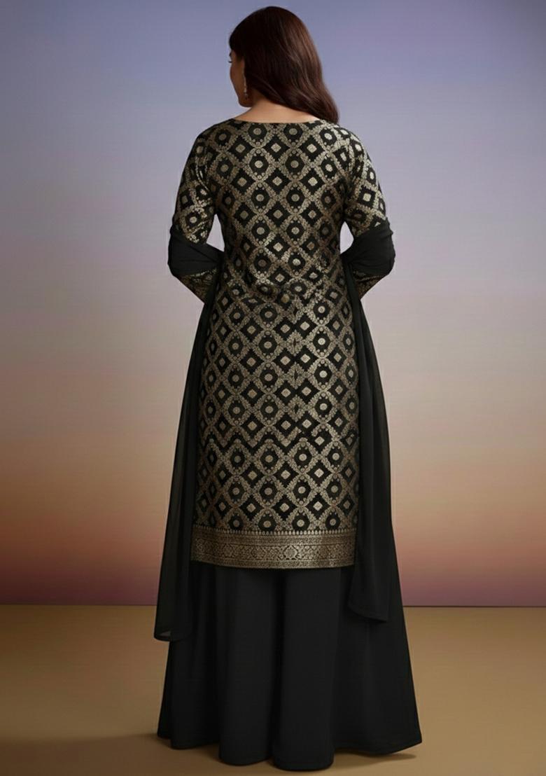 Jet Black Silk Blend Sharara Set - Indya