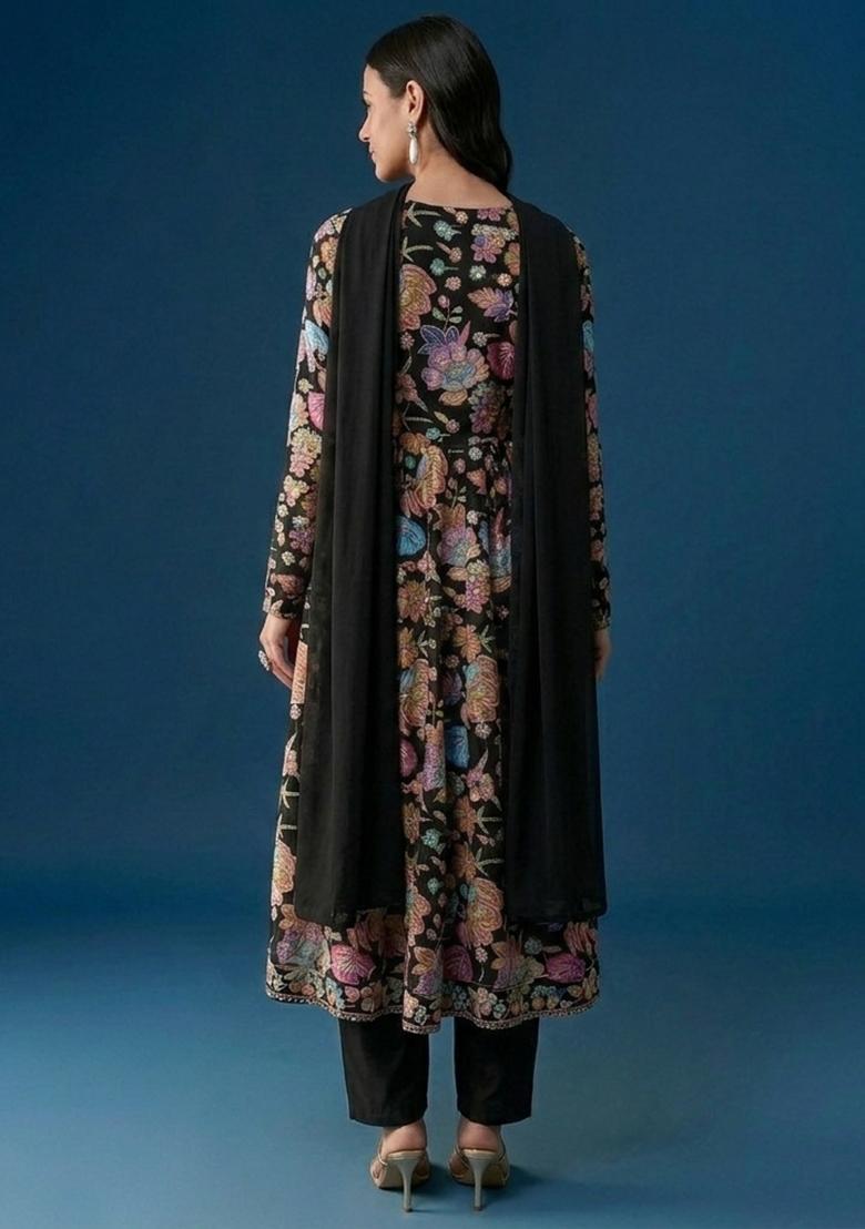 Jet Black Printed Chinon Anarkali Set - Indya