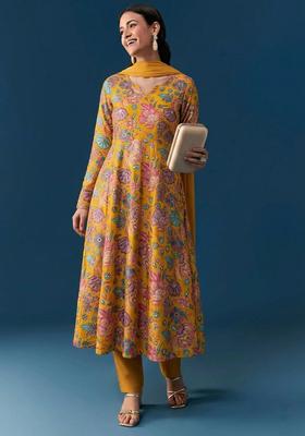 Mustard Printed Chinon Anarkali Set