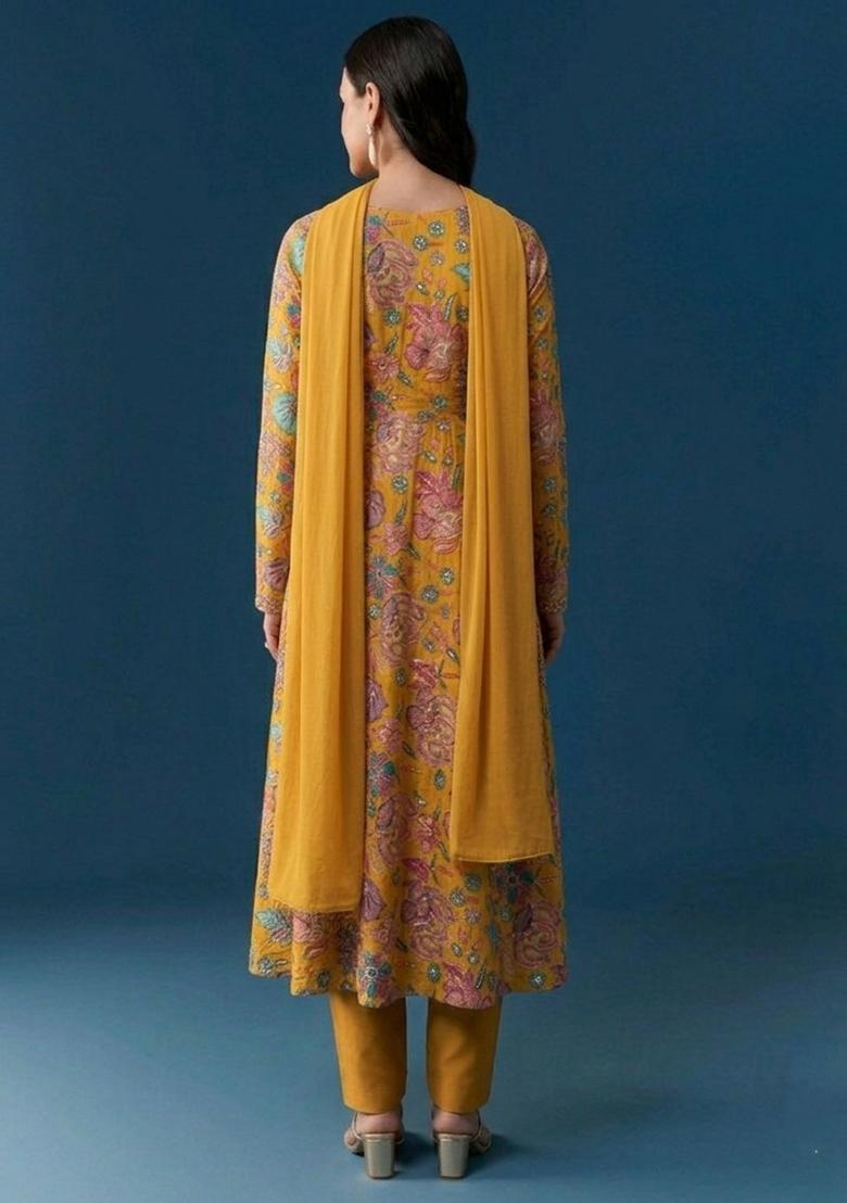 Mustard Printed Chinon Anarkali Set - Indya