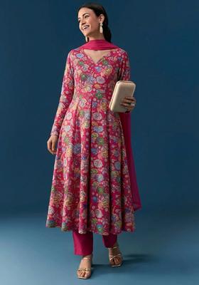 Rani Pink Printed Chinon Anarkali Set
