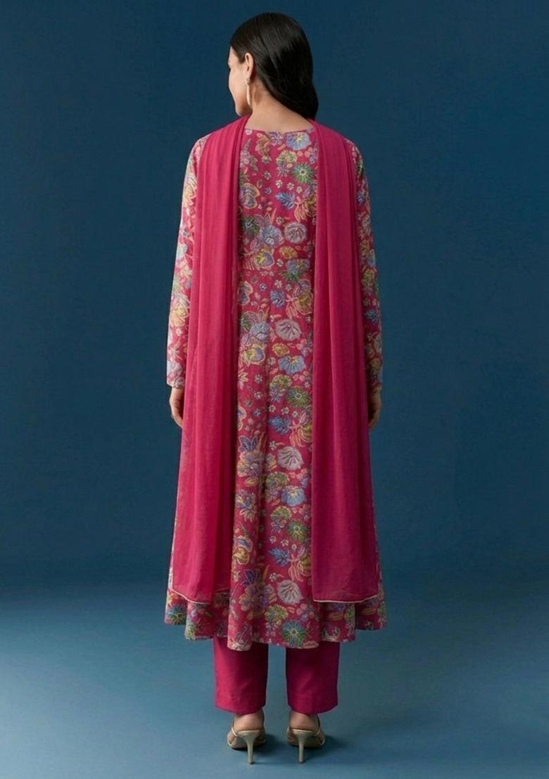 Rani Pink Printed Chinon Anarkali Set - Indya