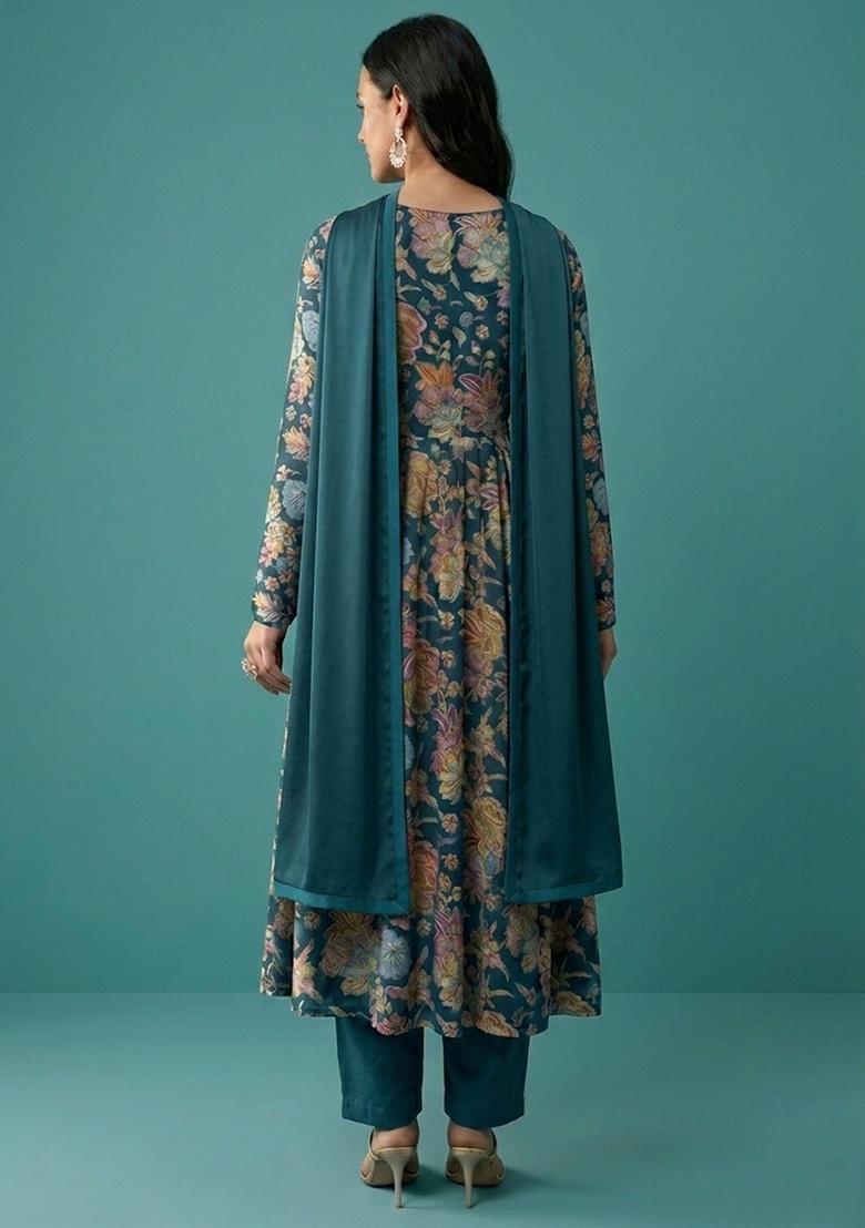 Deep Teal Green Printed Chinon Anarkali Set - Indya