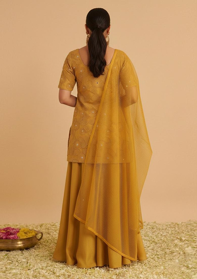 Mustard Embroidered Net Sharara Set - Indya