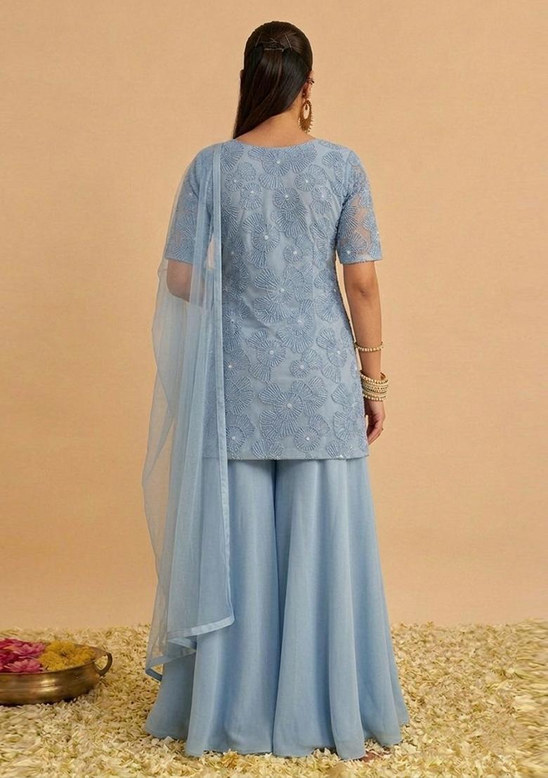 Pastel Blue Embroidered Net Sharara Set - Indya