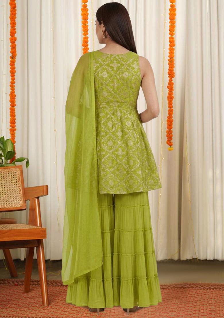 Lime Green Georgette Sharara Set - Indya