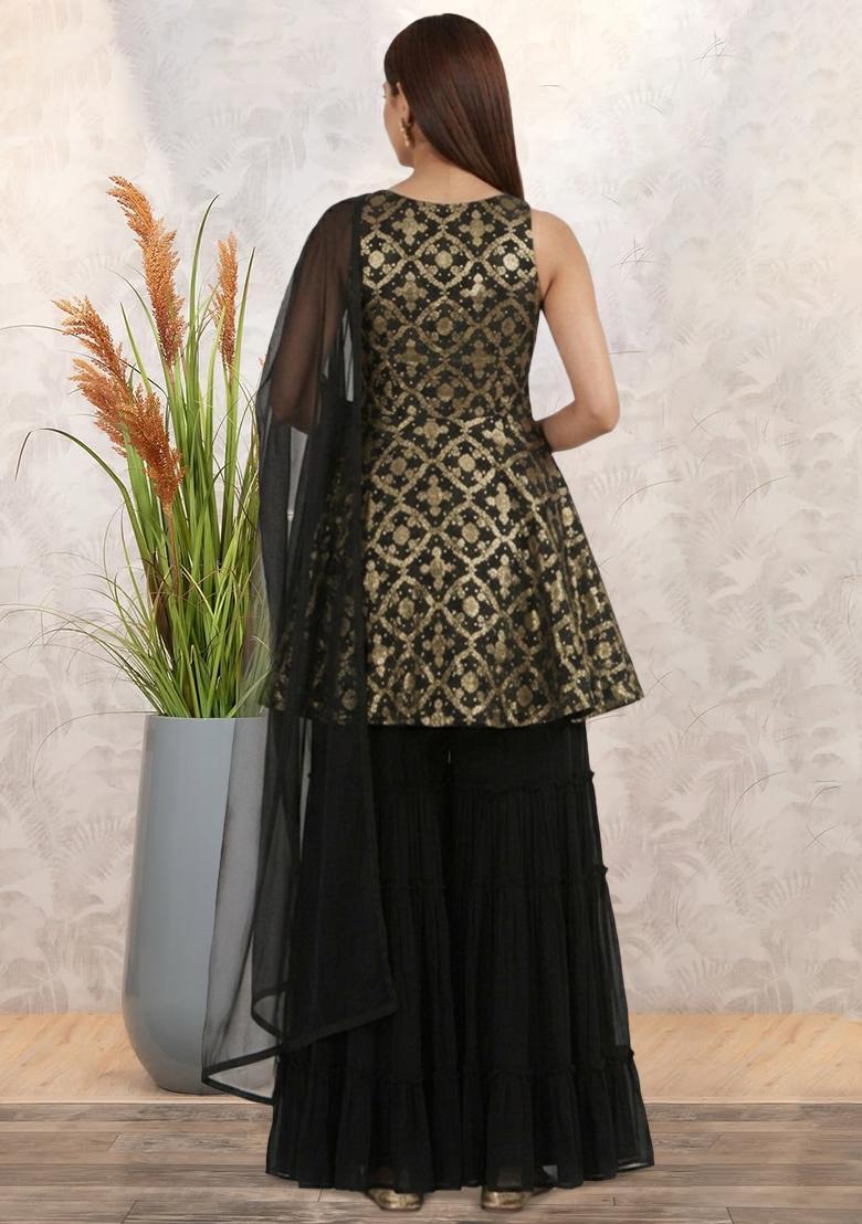 Black Georgette Sharara Set - Indya