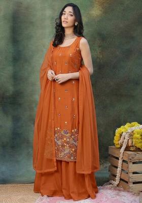 Rust Orange Embroidered Moss Sharara Set