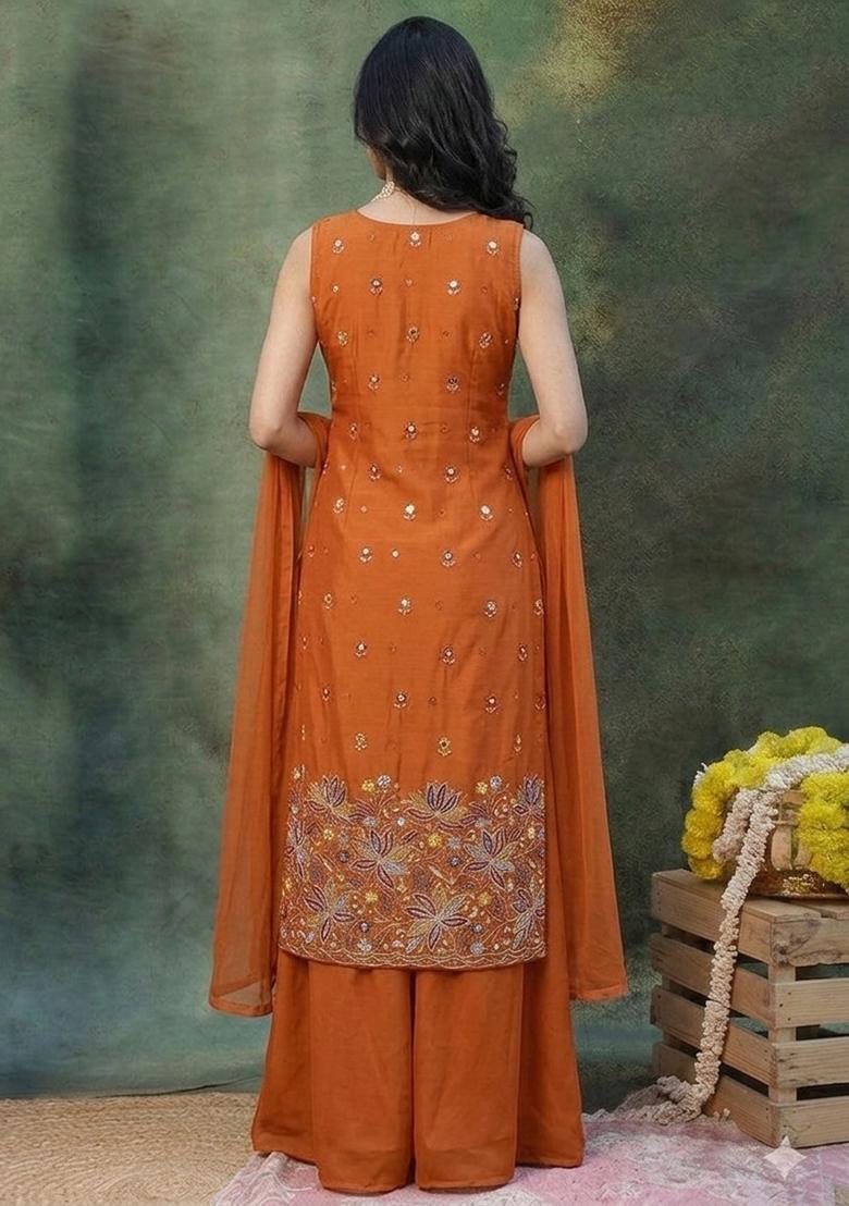 Rust Orange Embroidered Moss Sharara Set - Indya