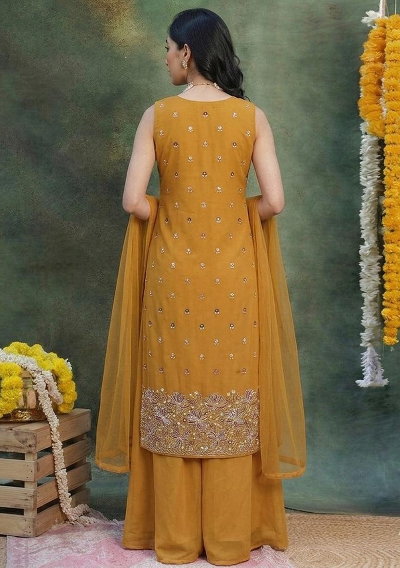 Mustard Embroidered Moss Sharara Set - Indya