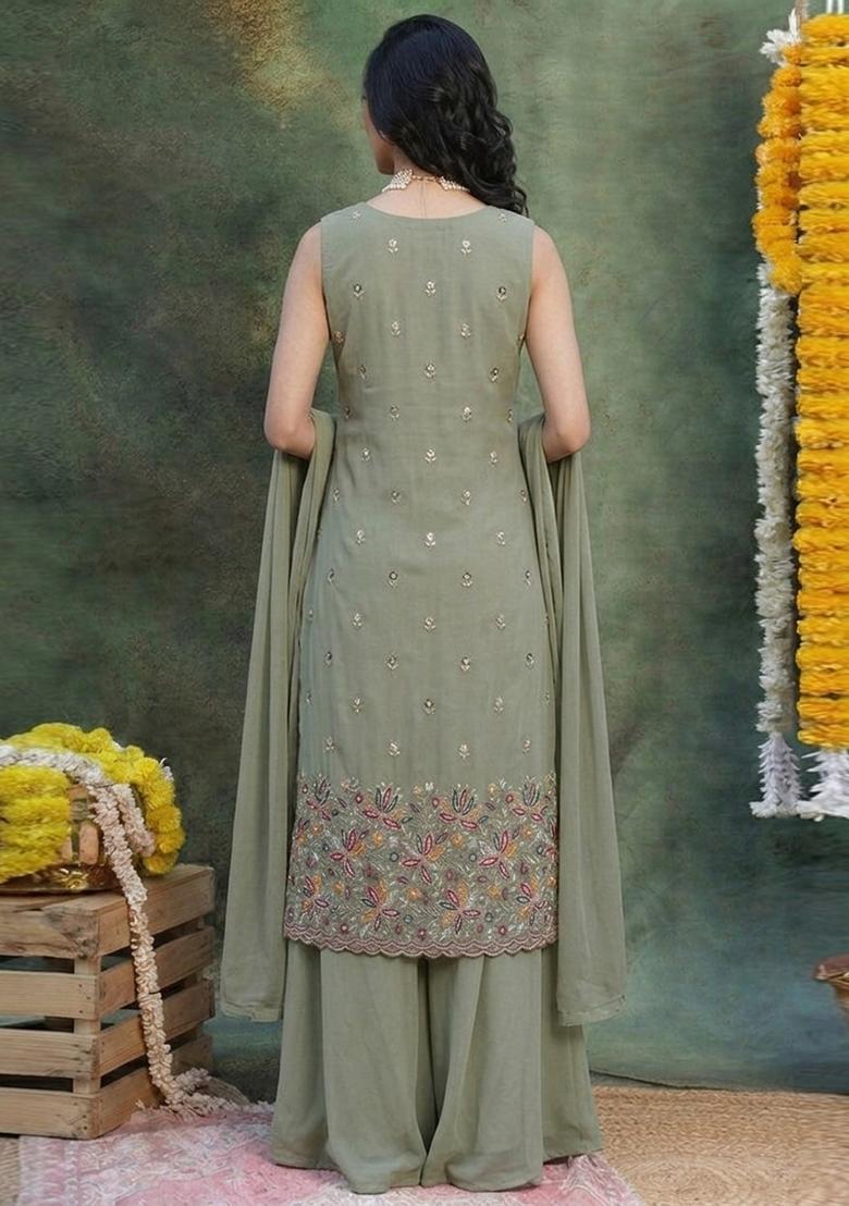 Sage Green Embroidered Moss Sharara Set - Indya