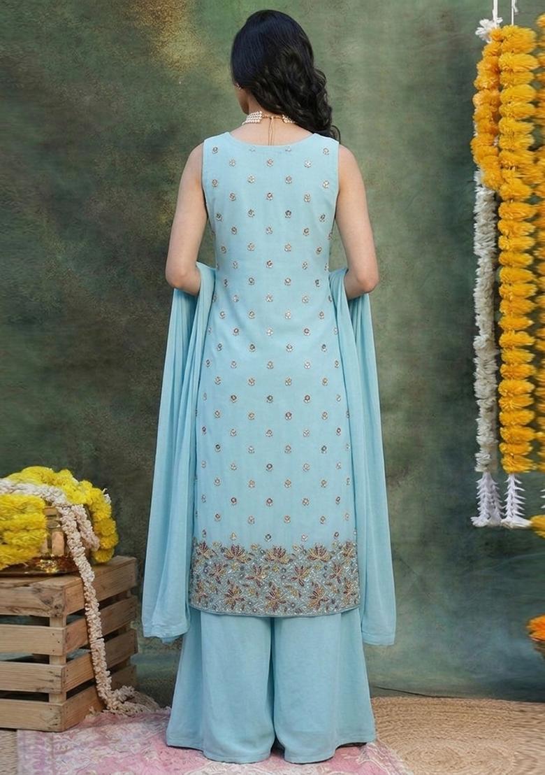 Light Blue Embroidered Moss Sharara Set - Indya