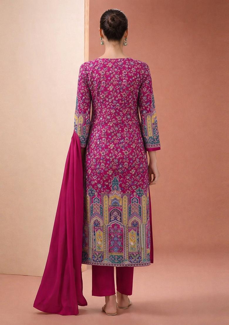 Magenta Pink Printed Crepe Kurta Set - Indya