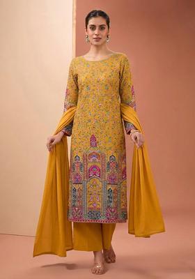 Mustard Printed Crepe Kurta Set