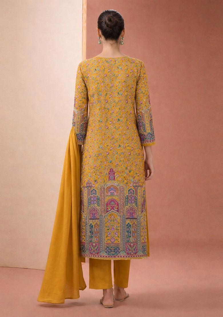 Mustard Printed Crepe Kurta Set - Indya