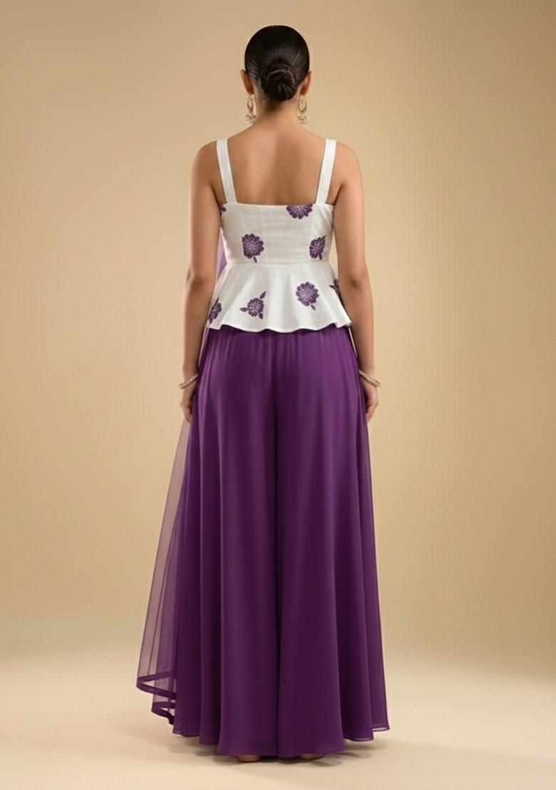 Violet Purple Embroidered Crepe Sharara Set - Indya