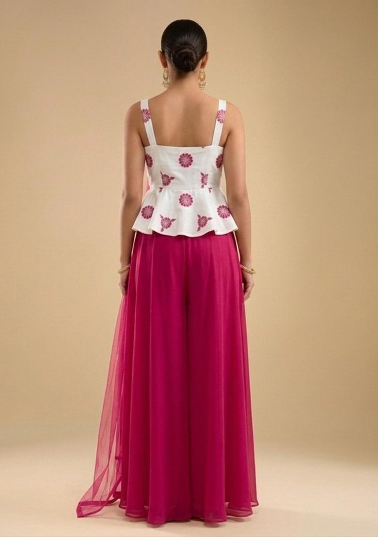 Hot Pink Embroidered Crepe Sharara Set - Indya