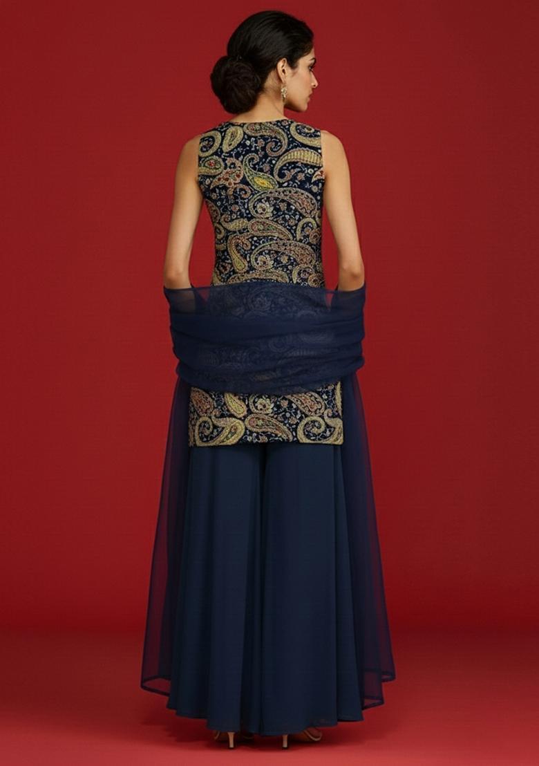 Navy Blue Embroidered Crepe Sharara Set - Indya