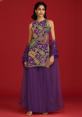 Purple Embroidered Crepe Sharara Set