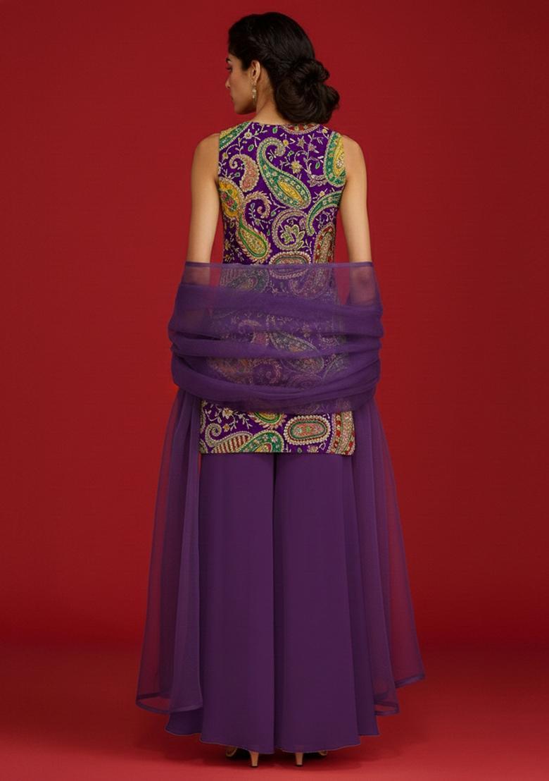 Purple Embroidered Crepe Sharara Set - Indya