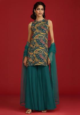 Deep Teal Green Embroidered Crepe Sharara Set