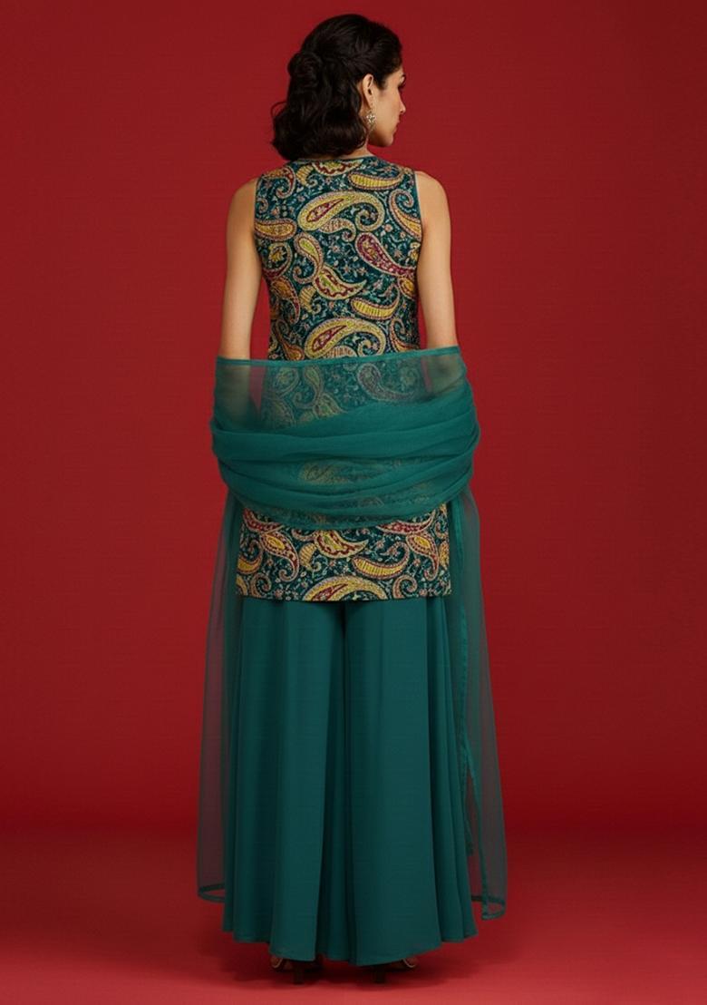 Deep Teal Green Embroidered Crepe Sharara Set - Indya