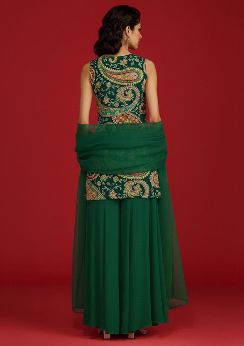 Bottle Green Embroidered Crepe Sharara Set - Indya
