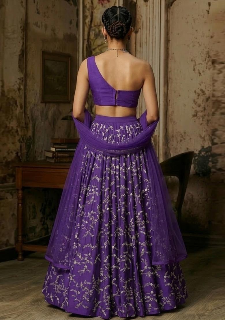 Purple Embroidered Crepe Lehenga Set - Indya
