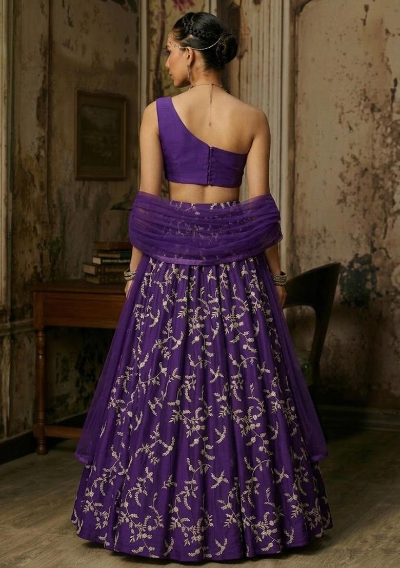 Violet Purple Embroidered Crepe Lehenga Set - Indya